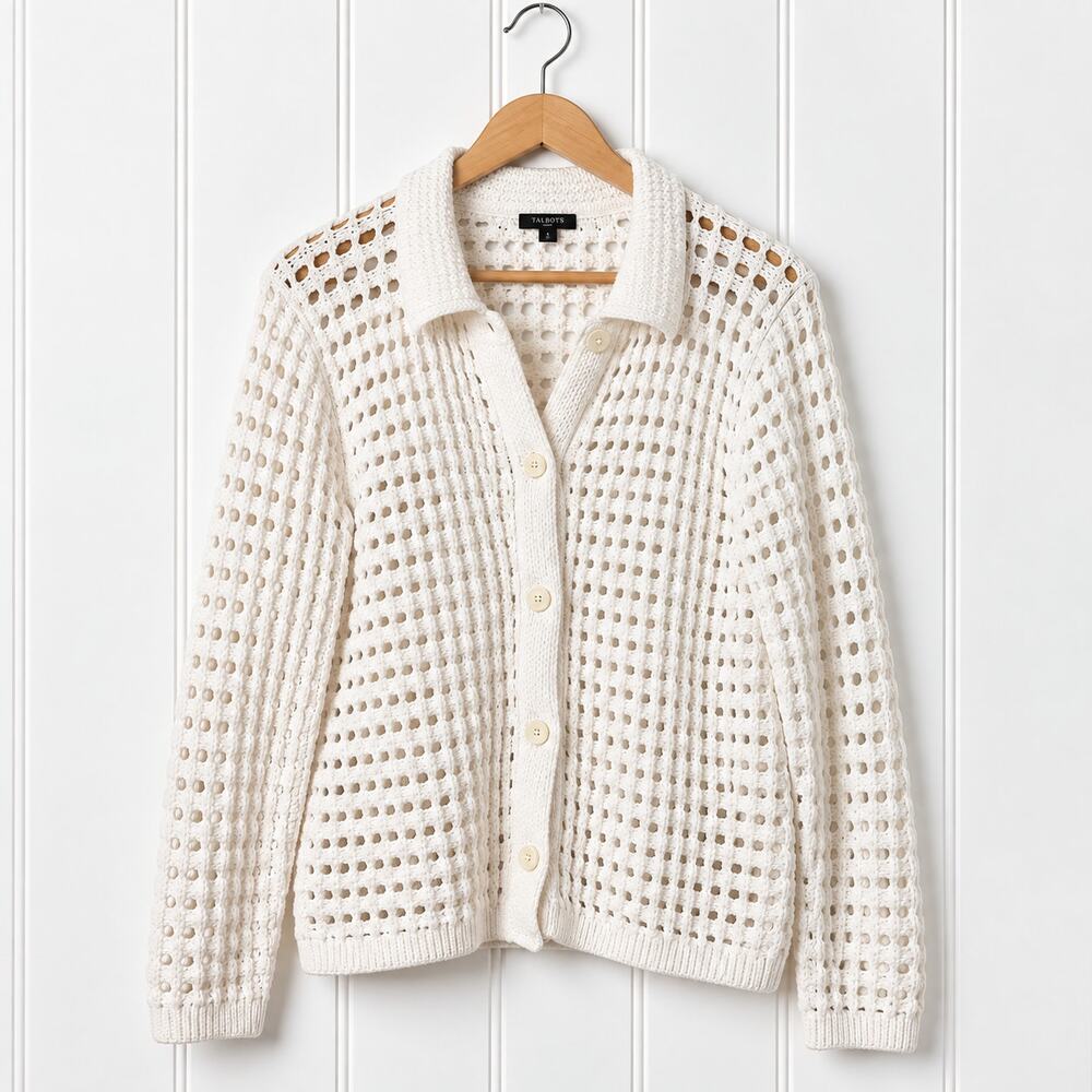 Talbots Petites Crochet Cardigan PXL Cream Cotton Blend Open Knit Collared